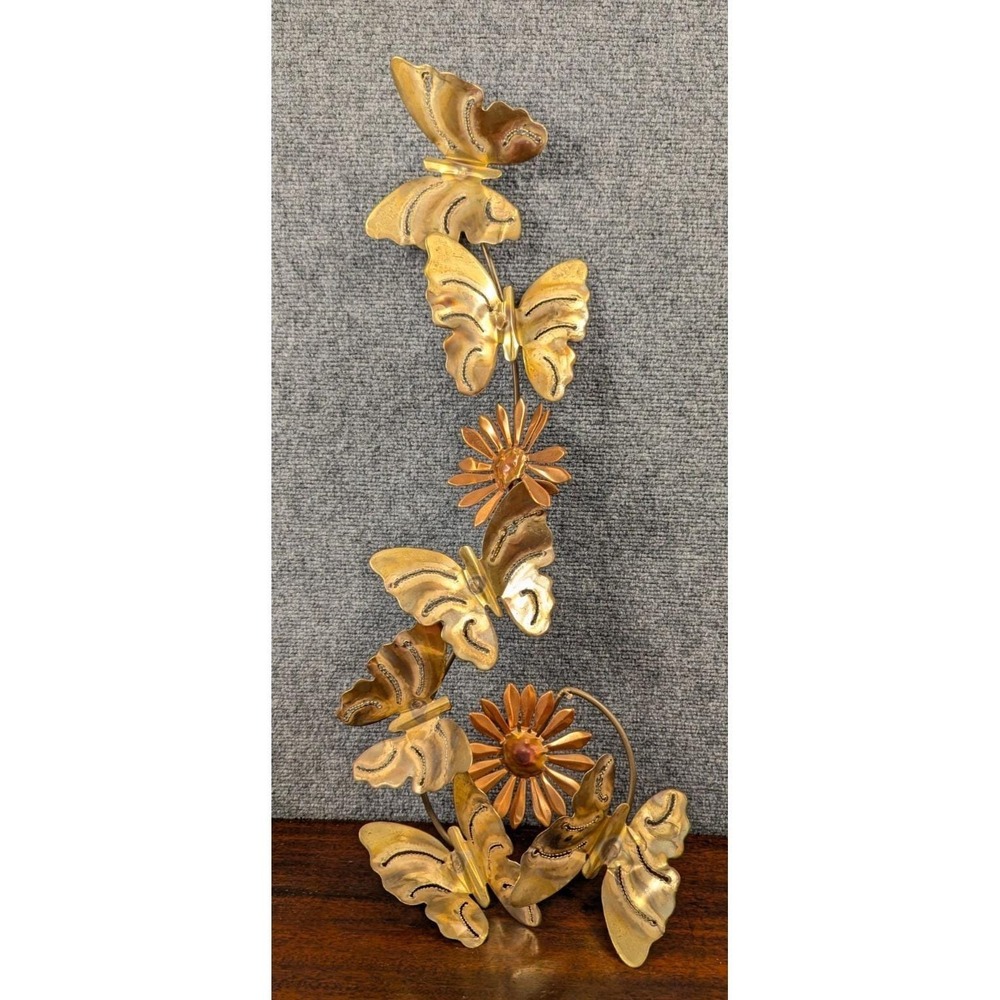 Vintage Mid Century Modern Brass Copper Butterfly‎ & Daisy Metal Wall Sculpture